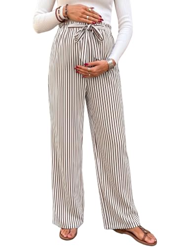 BLENCOT Striped Maternity Pants Tie Waist Fall Pregnancy Postpartum Outfits - color: Brown, size: X-Large