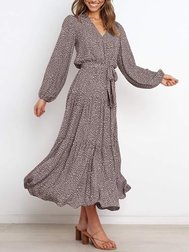 PRETTYGARDEN Womens Long Sleeve Boho Floral Wrap Maxi Dress - color: Brown, size: Medium