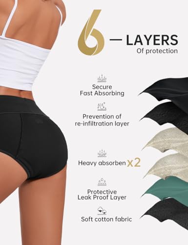 ALLBASE Women's Cotton Period underwear leakproof high absorbency 3 Pack Regular & Plus Size - color: Black, size: X-Large