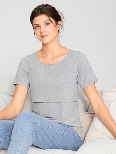 3 Pack Women's Nursing Tops, Breastfeeding Shirts Short Sleeve - color: Black/Light Grey/Light Brown, size: Small