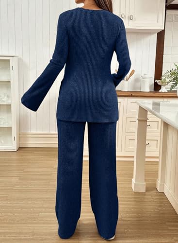 BLENCOT Maternity 2 Piece Outfits Ribbed Knit Long Sleeve Sets - color: Dark Blue, size: Small
