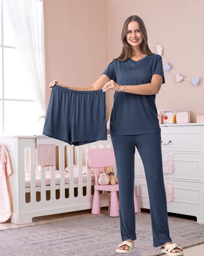 Rnxrbb 3 Piece Maternity Nursing Pajamas Set for Women Postpartum Pjs - color: Navy, size: Medium