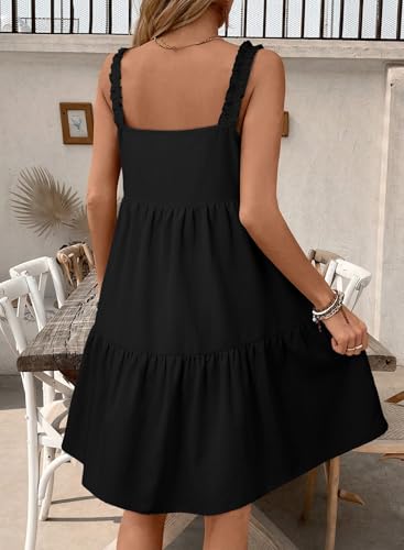 BLENCOT Maternity Dress Sleeveless Tie-Front Ruffle Strap Smocked Tiered Midi Dress with Pockets - color: Black, size: X-Large