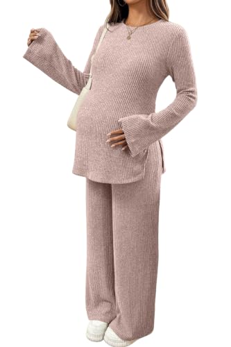 BLENCOT Maternity 2 Piece Outfits Ribbed Knit Long Sleeve Sets - color: Pink, size: Medium