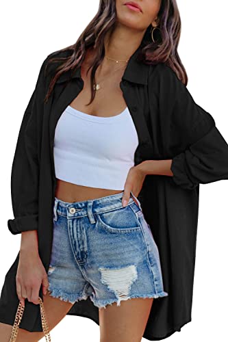 FSHAOES Womens Oversized Button Down Shirts Casual Loose Long Sleeve Solid Lapel Long Blouses Tops with Pockets - color: 02-black, size: Medium