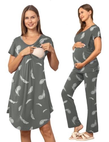SUNNYBUY 3 PCS Maternity Nursing Sleepwear Set with Nightgown, Top & Pants - color: Grey Feathers, size: X-Large