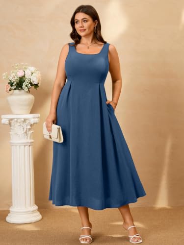RWJ Women's Plus Size Dresses Summer Sleeveless Beach Wedding Guest Dress - color: Dusty Blue, size: X-Large Plus