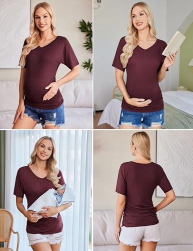 Ekouaer 3 Pack Maternity Shirts V Neck Pregnancy Tops Tunic Blouse Summer - color: A Grey/Burgundy/Brick Red, size: Medium