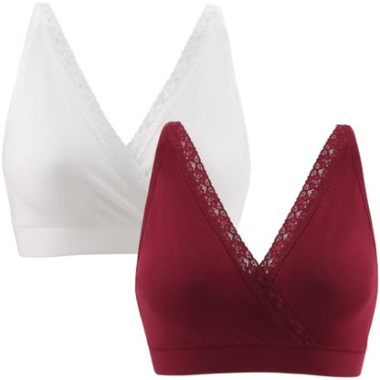 Wireless Cotton Nursing Bra for Sleep& Maternity, Pregnancy Breastfeeding Top, Adjustable Straps, Full Coverage - color: Red Wine+white/2pack, size: XX-Large