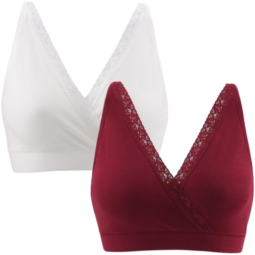 Wireless Cotton Nursing Bra for Sleep& Maternity, Pregnancy Breastfeeding Top, Adjustable Straps, Full Coverage - color: Red Wine+white/2pack, size: X-Large