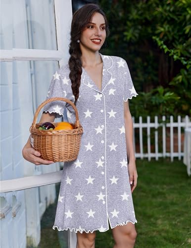 Ekouaer Cotton Nightgowns for Women Button Down Sleep Shirts Night Shirts - color: Grey Star, size: Small