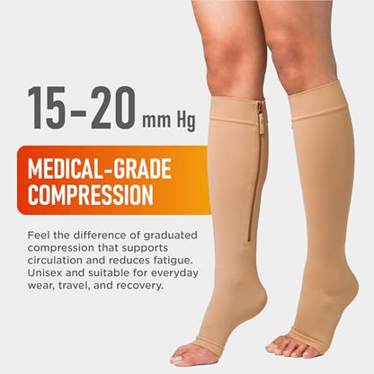 Lemon Hero Zipper Compression Socks 15-20mmHg Open Toe for Women & Men - color: Beige, size: 4X-Large