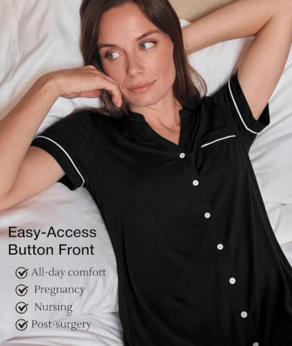 GYS Bamboo Viscose Nightgowns for Women Soft Button Down Sleep Shirt - color: Black, size: X-Large