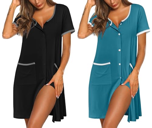 Ekouaer 2 Pack Nightgowns for Women Button Down Houese Dress with Pockets - color: Black/Blue Green, size: Small