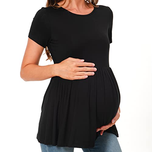 Bearsland Short Sleeve Maternity Top - color: Black&green&vivid Blue, size: Large