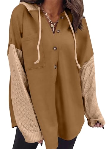 SHEWIN Women Oversized Hooded Sweatshirt Loose Fit Casual Button Hoodies - color: Khaki, size: Large