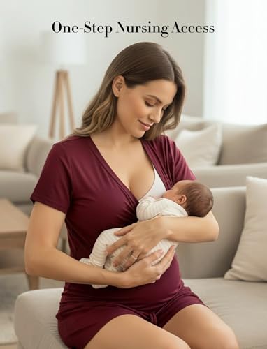 PATPAT 3-Piece Maternity Nursing Pajamas, Womens Lounge Set with Pockets - color: Burgundy, size: X-Large