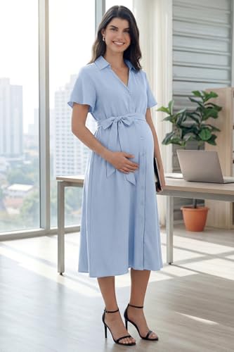 OUGES Women's Summer Maternity Dress Collar V Neck Button Down Tie Waist Casual Midi Dresses with Pockets 2026 - color: Sky Blue, size: XX-Large