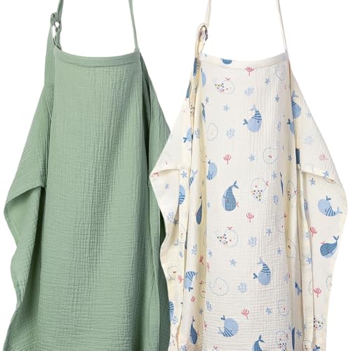 ANYEDDE 2-Pack Nursing Cover for Breastfeeding, Muslin Breastfeeding Covers - color: E Green & Whale