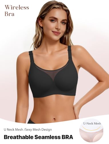 Avidlove Wireless Bras for Women Seamless Full Coverage Bra Mesh Comfy Bralette Tshirt Everyday Bras - color: Black, size: 3X-Large