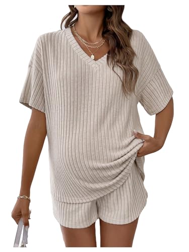 MakeMeChic Women's Maternity 2 Piece Sets Ribbed Shirt and Biker Shorts - color: Apricot, size: Medium