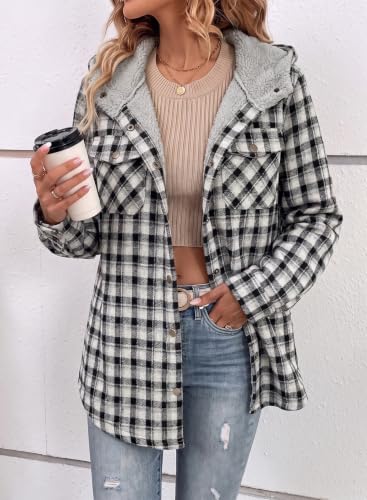 Dokotoo Womens Plaid Shacket Jacket Warm Fleece Hooded Jackets Winter Coats - color: Black, size: Small