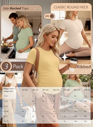 Ficerd 3 Pack Women's Short Sleeve Maternity Shirts - color: Light Green, Apricot, Yellow, size: Large
