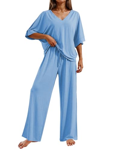 Ekouaer Pajama Sets Womens 2 Piece Short Sleeve Long Pants Pjs Lounge Set - color: Light Blue, size: XX-Large
