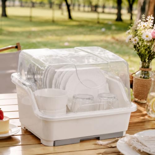 Plastic Dish Drying Rack with Clear Cover Lid, Dust-Proof