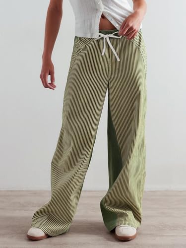 PEIHOT Low Rise Striped Pants for Women Pull On Drawstring Boho Wide Leg Jeans Trendy Green and White