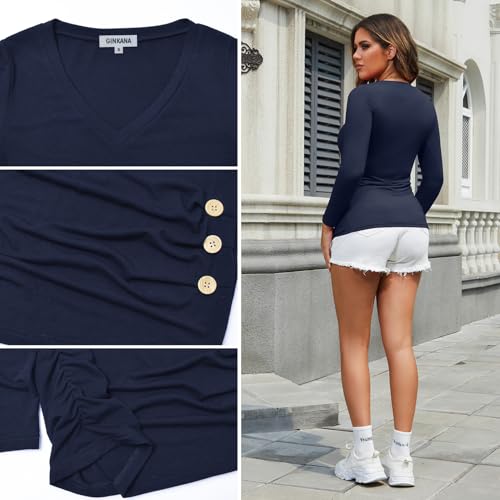 GINKANA Maternity Shirt Long Sleeve Basic Top Ruch Sides Buttons Tshirt for Pregnant - color: Navy Blue, size: Small