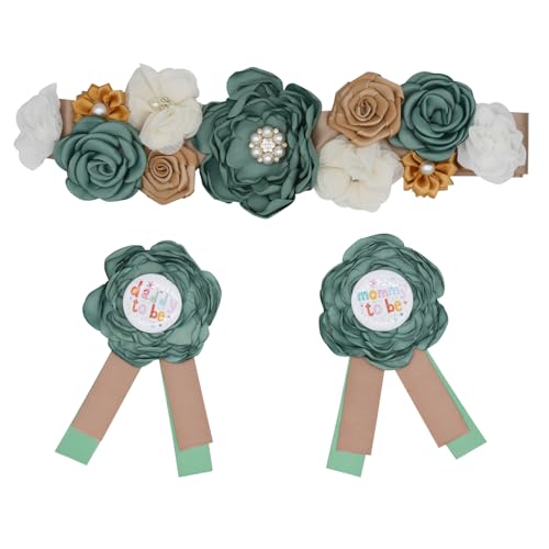 Maternity Sash and Corsage Set Mom to Be Daddy to Be Theme Baby Shower Decorations,Pregnancy Photo Props Supplies, gift for New Mommy and Daddy - color: Corsage Greenery