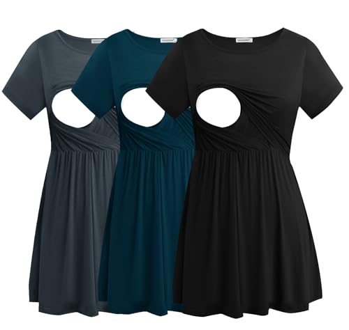 Smallshow Women's Nursing Tops Short Sleeve Breastfeeding Shirt 3 Pack - color: Black-dark Grey-teal(3 Packs), size: Small