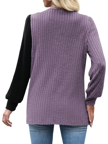 MixShe Womens Knit Sweaters 2026 Fall Winter Casual Long Sleeve Ribbed Colorblock Button Pullover Tops - color: Purple, size: Large