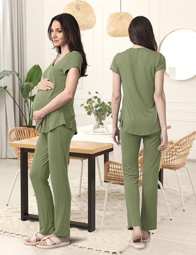 SUNNYBUY 3 PCS Maternity Breastfeeding Pajamas Set with Hidden Nursing Top - color: Army Green, size: Large