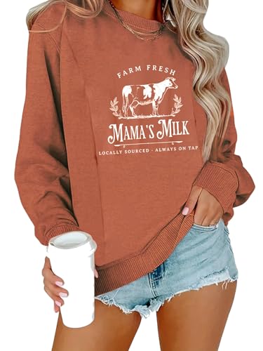 Women Hidden Zipper Nursing Sweatshirts Farm Fresh Mama's Milk Pullover Top - color: Orange 1, size: Large