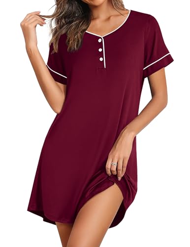 Ekouaer Women's Nightgowns Short Sleeve Nightshirt Soft Night Gown Ladies Nightdress Comfy Pajama Dress - color: Wine Red, size: Small