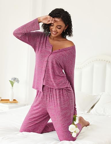 Ekouaer Womens Pajama Sets Button Up Long Sleeve Lounge Set Soft V Neck Pj - color: Rose Red, size: XX-Large