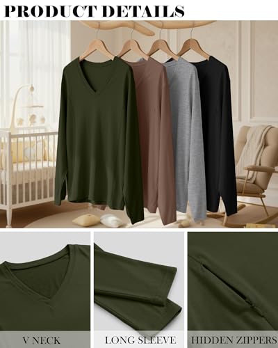 4 Pack Women's Long Sleeve Nursing Maternity Shirts - color: Black, Light Gray, Mocha, Army Green, size: Small