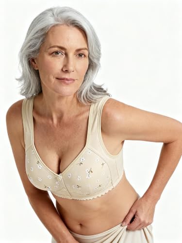 Daisy Bras for Older Women No Underwire Front Closure Comfort Senior Wireless Snap Closing Bra - color: Skin