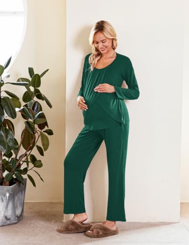 Ekouaer Maternity Nursing Pajama Set Long Sleeve Breastfeeding Sleepwear - color: Dark Green, size: Large