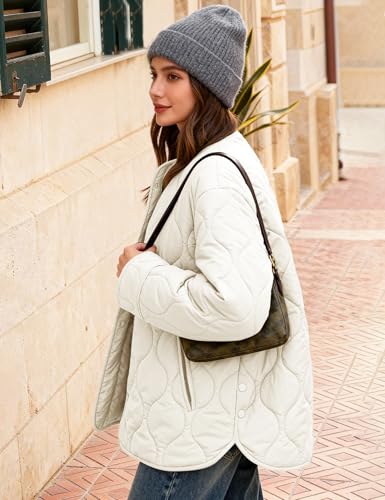 Flygo Womens Quilted Lightweight Jackets Oversized Puffer Coat with Pockets - color: Beige, size: Large