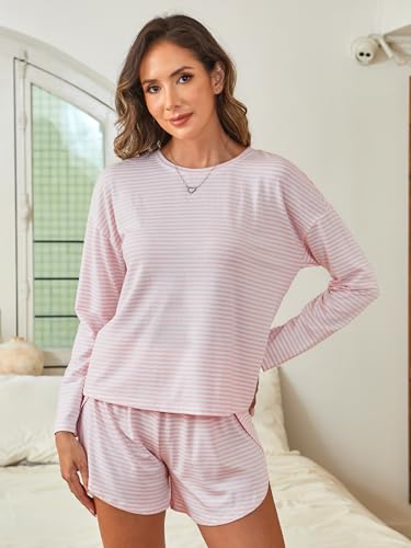 ANRABESS Womens Long Sleeve Striped Pajama 2 Piece Lounge Sets - color: Pink White, size: Medium