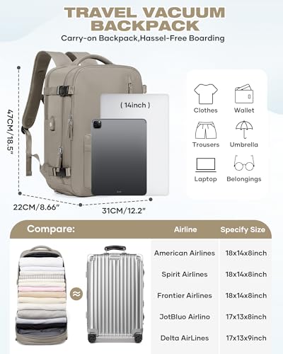 suradar Vacuum Seal Travel Backpack Built-in Pump,Air Compression System Vacuum Vacpack Travel Bag for Women Men Carry On Suitcase Luggage Laptop Airlines Approved Daypack Space Saver Bags Grey Brown - color: A1-greybrown