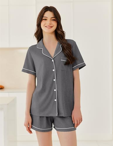 Ekouaer Womens Waffle Knit Pajama Sets Soft Short Sleeve Button Up Pjs - color: Dark Gray, size: Medium