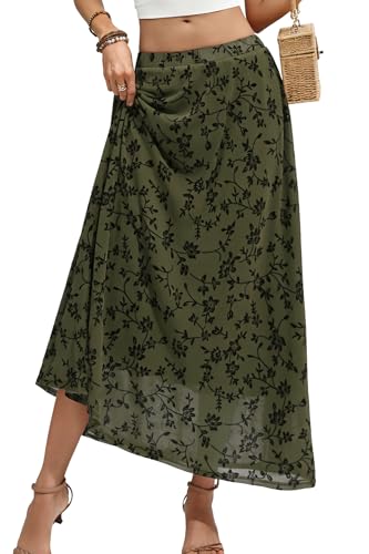 ELLEVEN Women’s Boho Floral Mesh Maxi Skirt - color: Army Green, size: Small