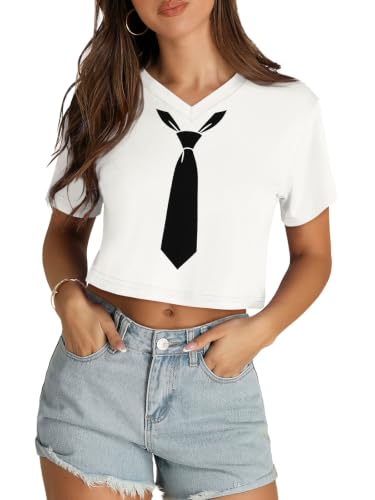 Womens Crop Tops Short Sleeve V Neck Summer Cropped T Shirts Baisc Tees - color: Black Tie, size: Medium