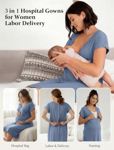PATPAT Maternity Labor and Delivery Gown, Womens Hospital Gown with Pockets - color: Dusty Blue, size: Medium (Fit S/M)