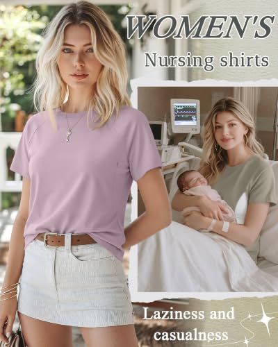 Huukeay 3 Pack Women's Nursing Tops - color: Gray Purple, Cement Gray, Cream, size: Medium
