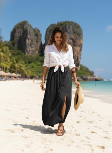 HiMONE Womens Maxi Skirt High Waisted Flowy A Line with Side Slit - color: A01-black, size: X-Large